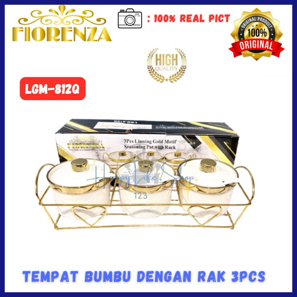 FIORENZA Tempat Bumbu Keramik Dengan Rak / 3pcs Tempat Bumbu Keramik