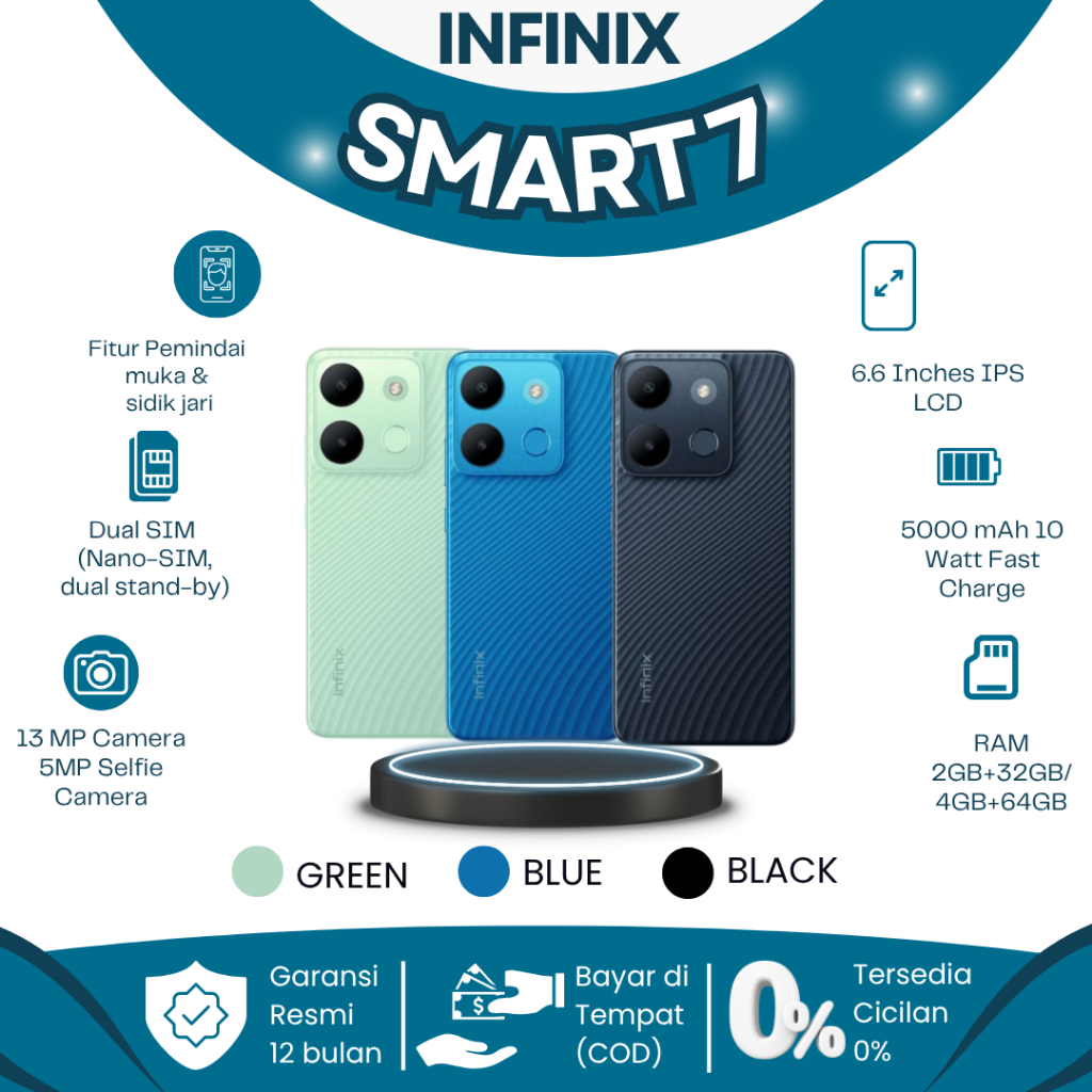 Infinix Smart 7  RAM 4/64GB Terbaru 2025 – HP infinix Murah & Asli Kamera 13MP Selfie LED Fingerprin