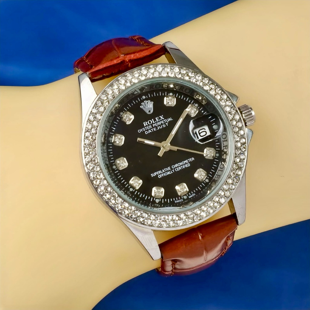 Jam Tangan Mewah Wanita Rolex Tali Kulit Full Permata Tangal Aktif Free Box Merk