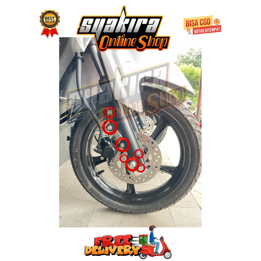BAUT BREKET + REM + AS + DISK KALIPER DEPAN ( 7 BAUT ) MIO SERIES 115 / 125 M3 J SOUL GT FINO X RIDE