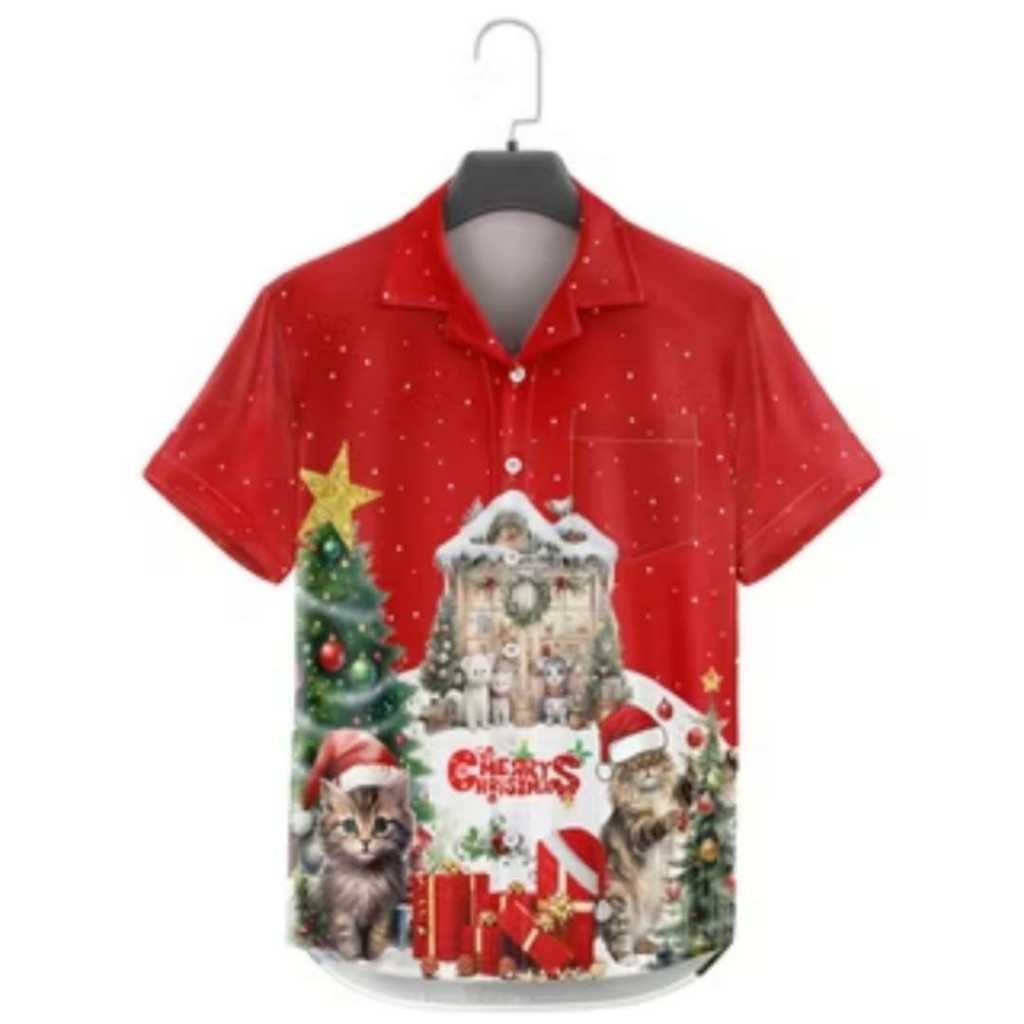 KEMEJA NATAL DEWASA ANAK LAKI SIZE LENGKAP SAMPAI JUMBO MOTIF KUCING CHRIST ATASAN PRIA  ANAK COWOK