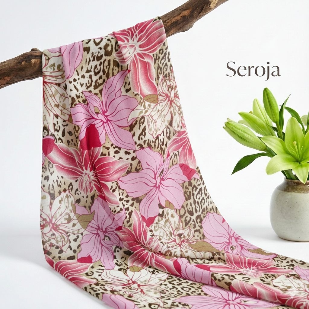 Kain Ceruti Motif Bunga Floral Pink Mix Leopard | Bahan Sifon Ceruty Premium Print | Meteran Gamis H