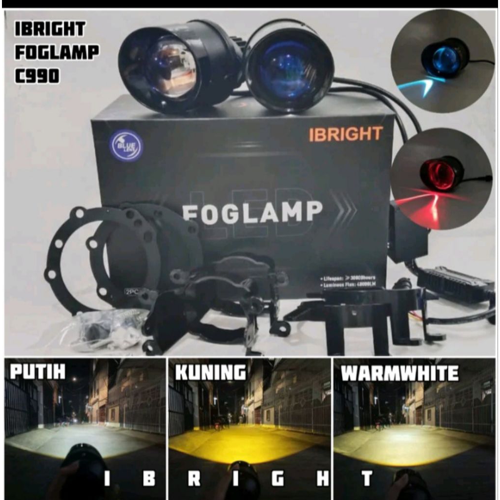 Foglamp  IBRIGHT SEPASANG Lampu Foglem Biled 3 warna Allweather  3 Inch  Blue Lens Ibright Honda Toy