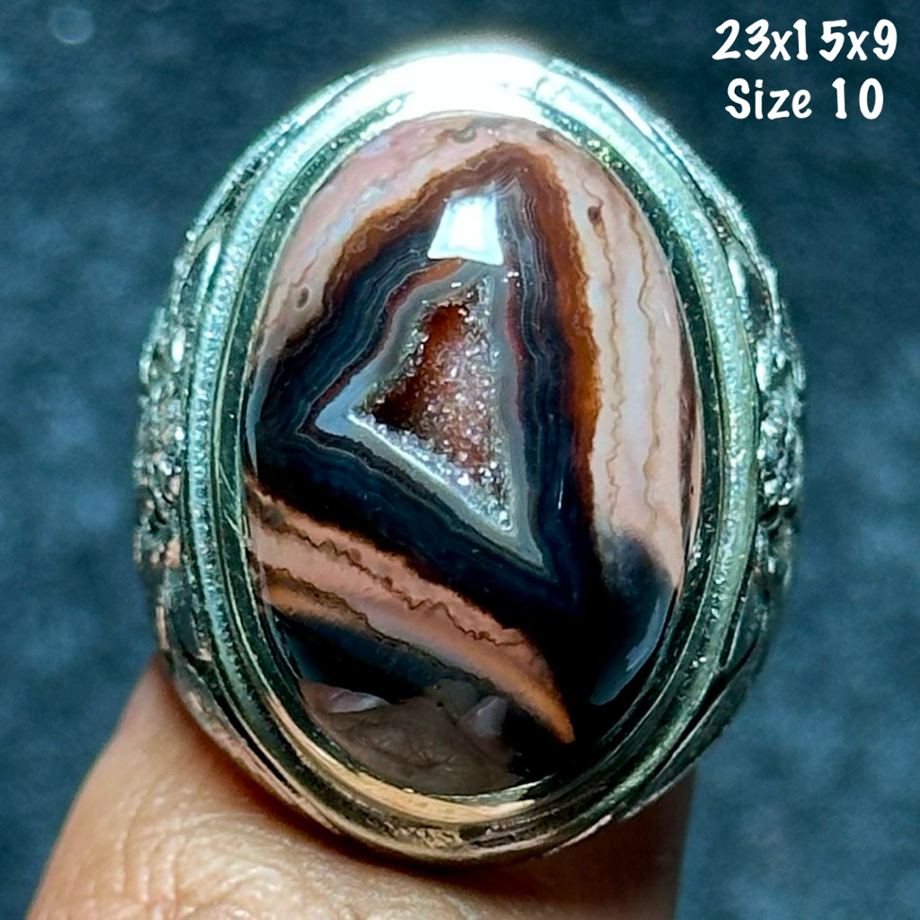 Cincin Batu Akik Natural Yaman Junder Segitiga Combong Alami Kristal (asli alam)