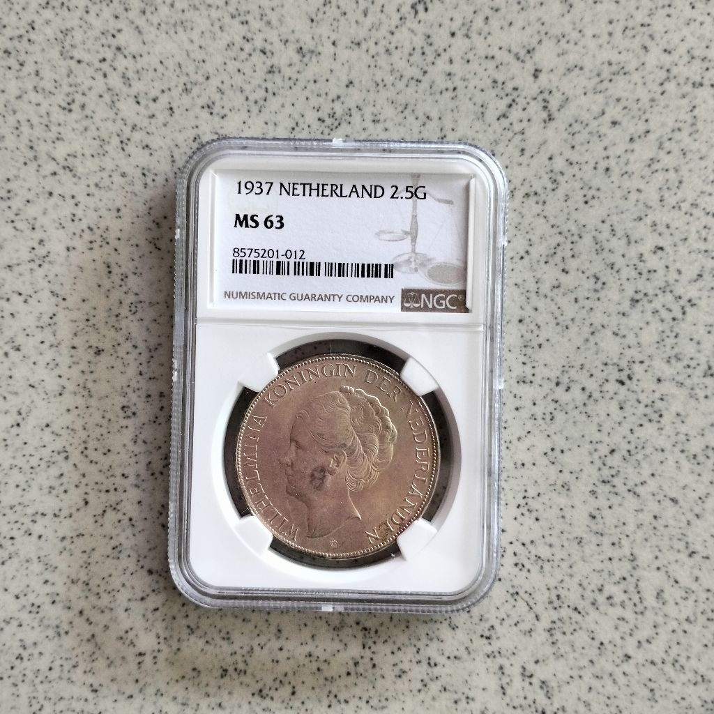 NGC MS 63 Koin Perak 2.5 Gulden Wilhelmina Netherland 1937 Silver Coin