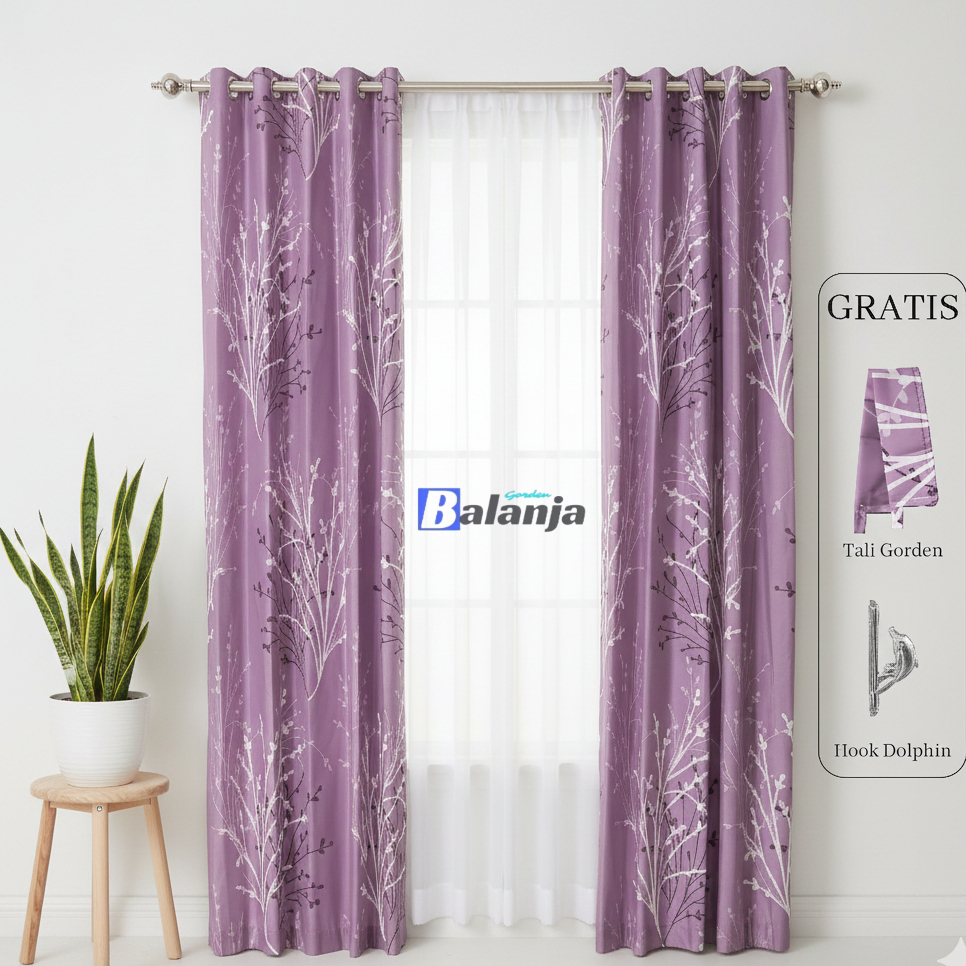 Gorden Jendela Pintu Minimalis Motif Silver Grass Bahan Katun 10 Lubang Smokring