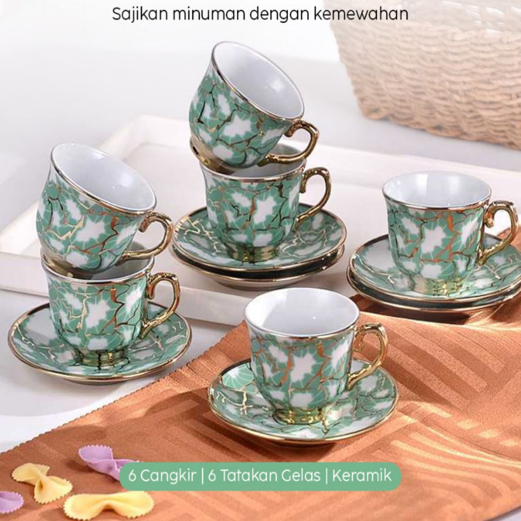 Tatakan Mini Set 6 in 1 Piring Lepek 12PCS CUPS Cangkir Teko Keramik Alat Saji Teh Kopi Dapur Hamper