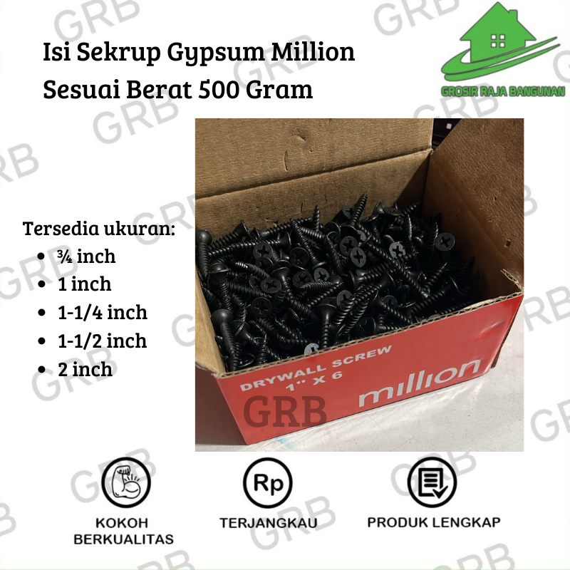 Sekrup Gypsum Skrup Gipsum MILLION 500 Gram Drywall Screw 1 Dus / Sekrup Baut Gypsum Baja