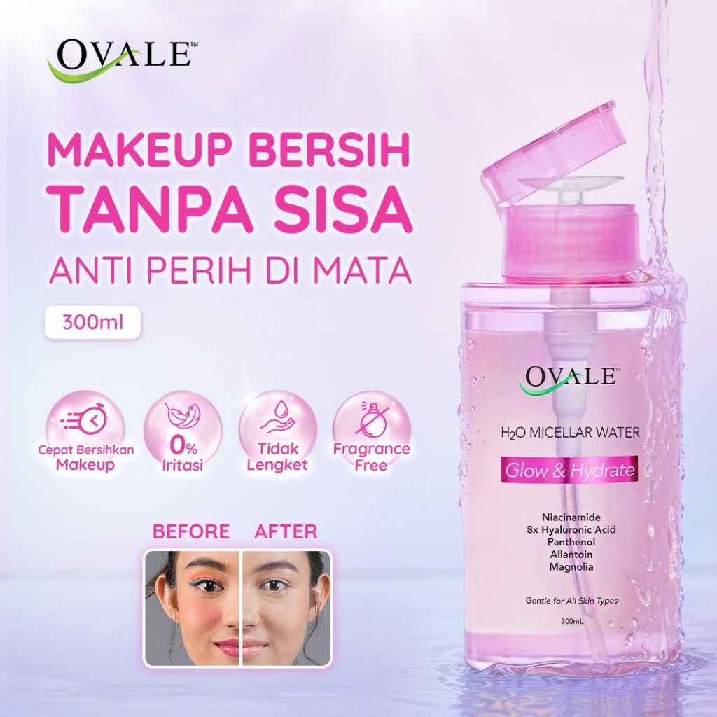 Ovale Micellar Water Brightening 300ML - Pembersih Wajah Hypo-Allergenic & Dermatologis dengan Ekstr