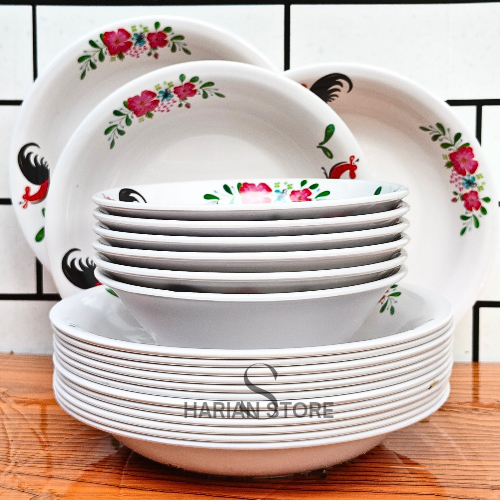 PAKET SET ISI 6 PCS 3 Piring 3 Mangkuk Melamin Singasingi Motif Ayam Jago 9 Inch