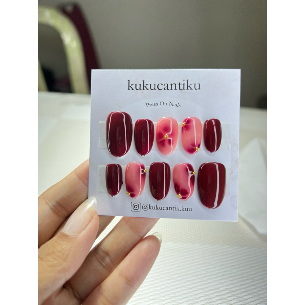 kuku palsu nail art + lem | kuku palsu warna maroon | nail art warna maroon | kupal maroon 017