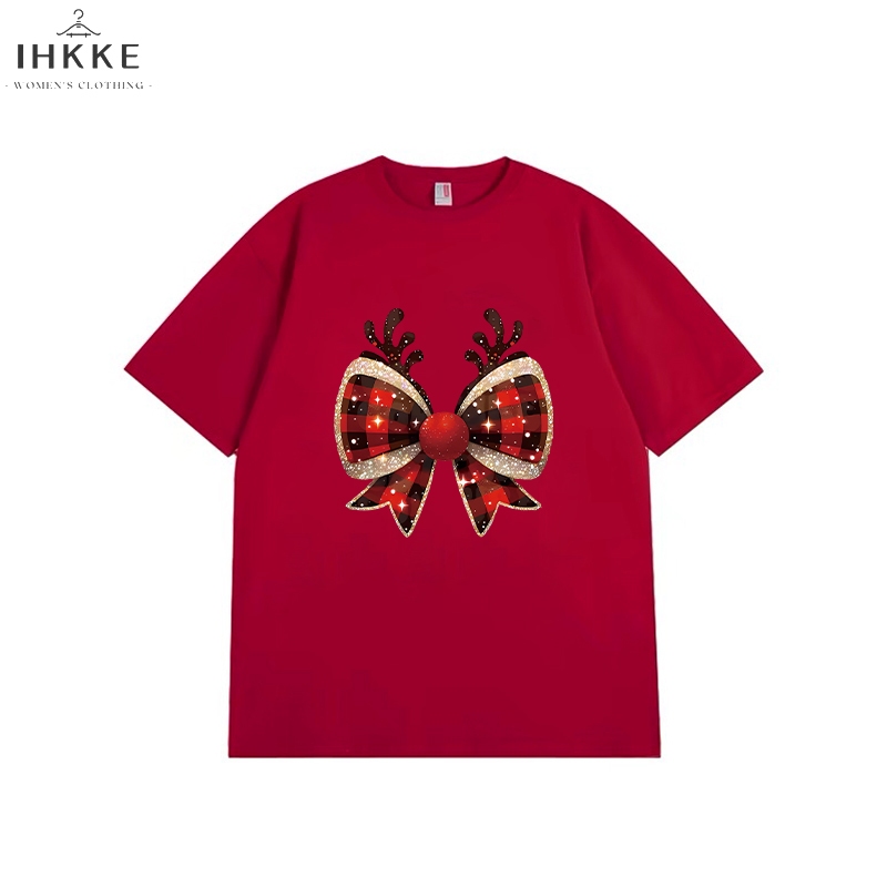 IHKKE Atasan Wanita Kekinian | Baju Natal Wanita | Tanduk Rusa Hitam Kupu Kupu Busur Cetak Pola Graf