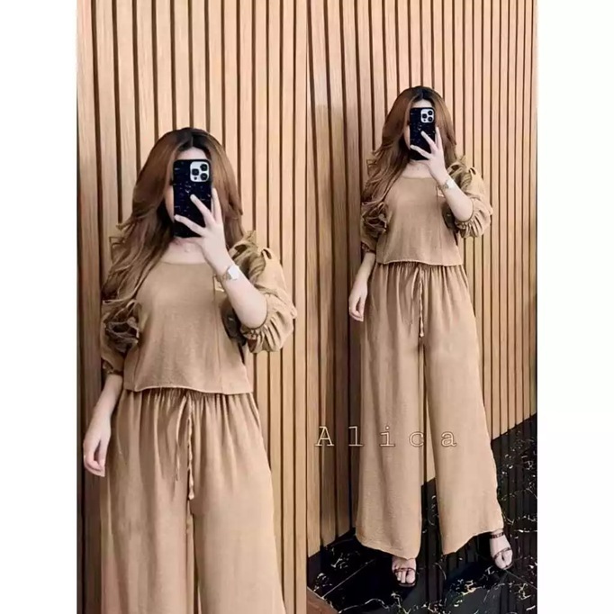 Harga Promo SetCel Wanita Croptop Crinkle Celana Panjang Kekinian Airflow Premium