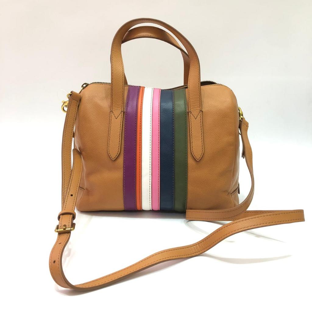 as Kulit Wanita Sydney Satchel / Boston Bag warna Coklat Tan dengan Stripes Navy Hijau Merah cocok u