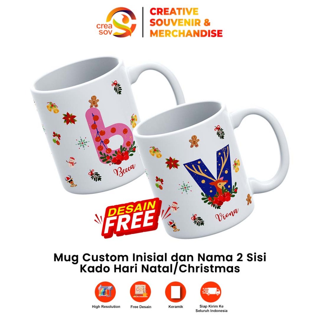 Creasov - Mug Custom Inisial Nama Kado Natal Hampers Gift Christmas Souvenir Natal Souvenir Unik