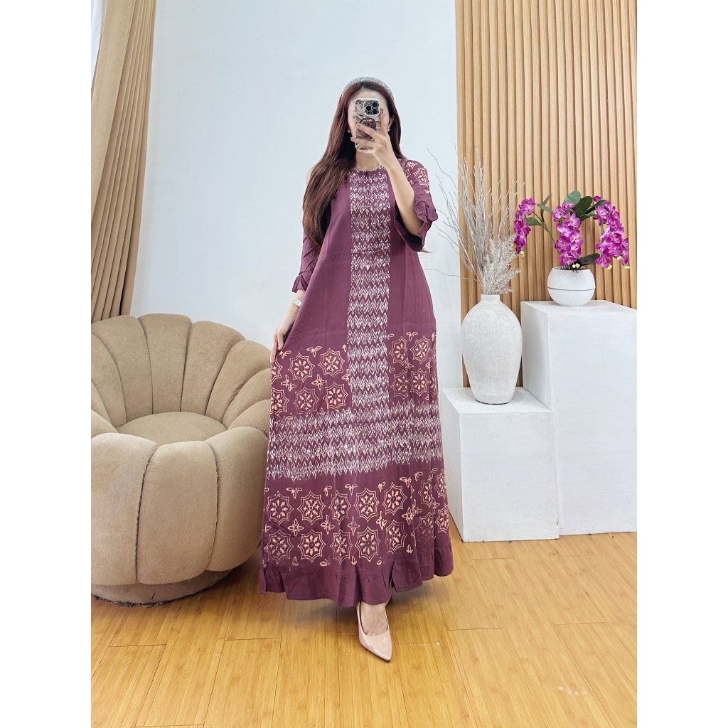 Dress Murah Daster Panjang Matt Rayon Lengan Rempel Sekdress Tali Samping Busui LD 110