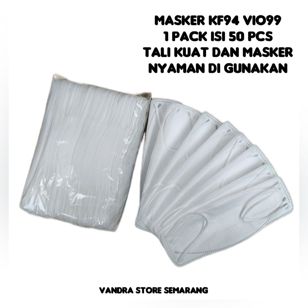Masker KF94 VIO99 Putih Isi 50 PCS | Premium Tanpa Cutingan V | Tali Kuat & Nyaman | Harga Terjangka