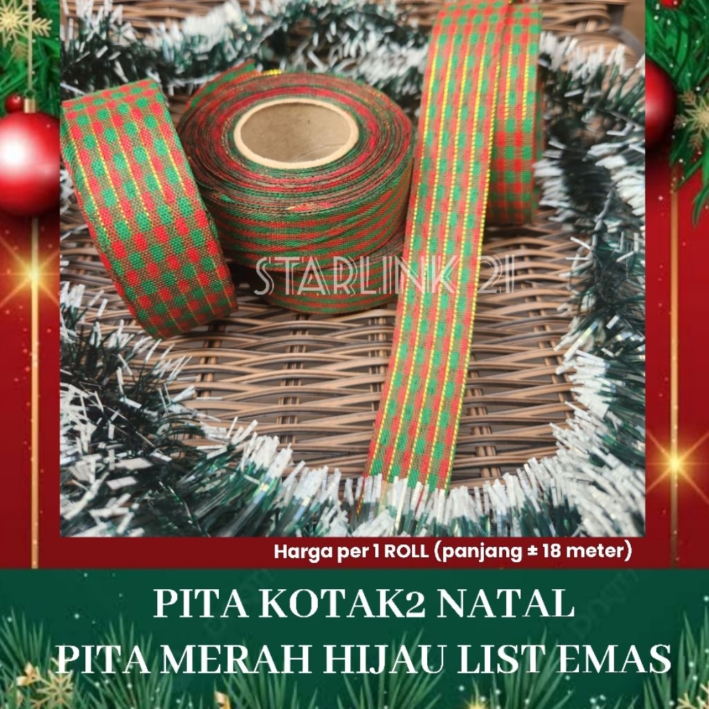 [ROLL] PITA NATAL KOTAK-KOTAK | PITA MERAH HIJAU LIST EMAS | Pita Dekorasi Natal