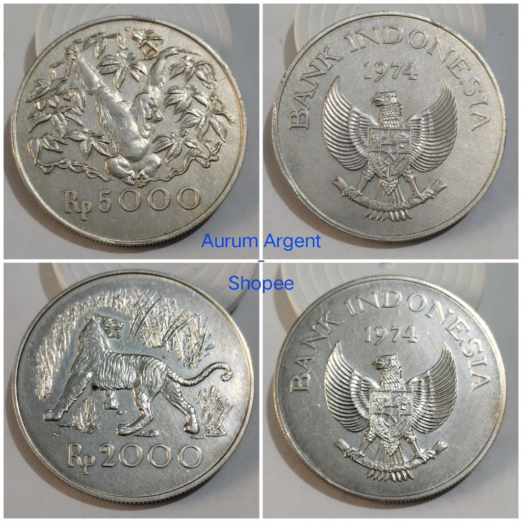 AA.94-- 2 PC KOIN PERAK KUNO ASLI SET WWF COMMORATIVE  ORANG UTAN DAN MACAN TH 1974 -- SILVER COIN -