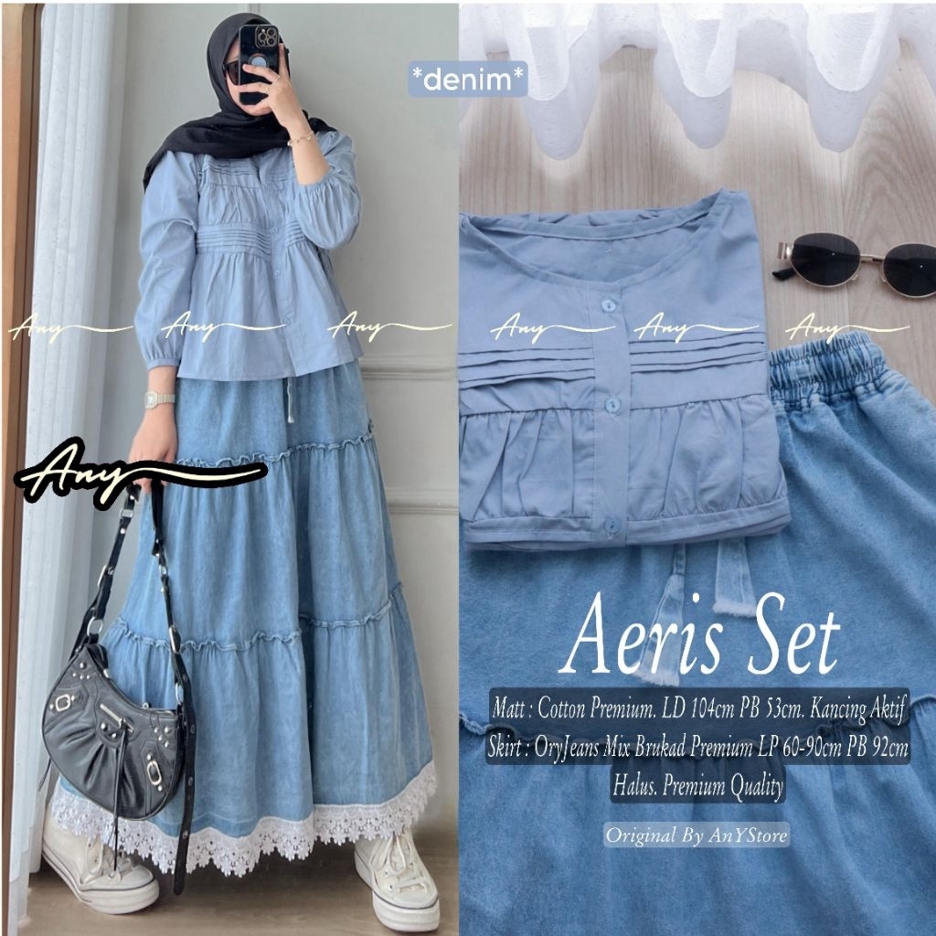 heryn aeris one set rok wanita kekinian by A.N.Y blouse lengan balon rok jeans mix renda kemeja blou