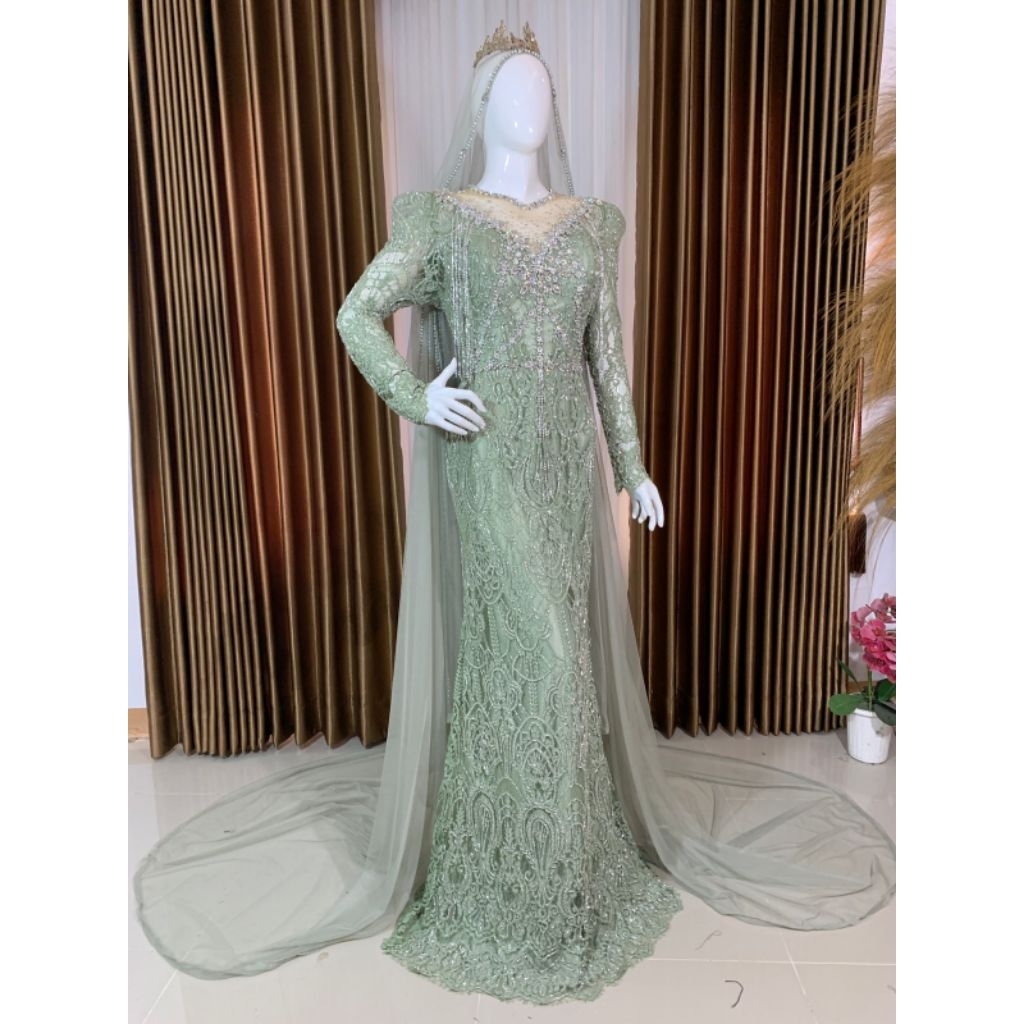 Gaun pengantin warna hijau sage