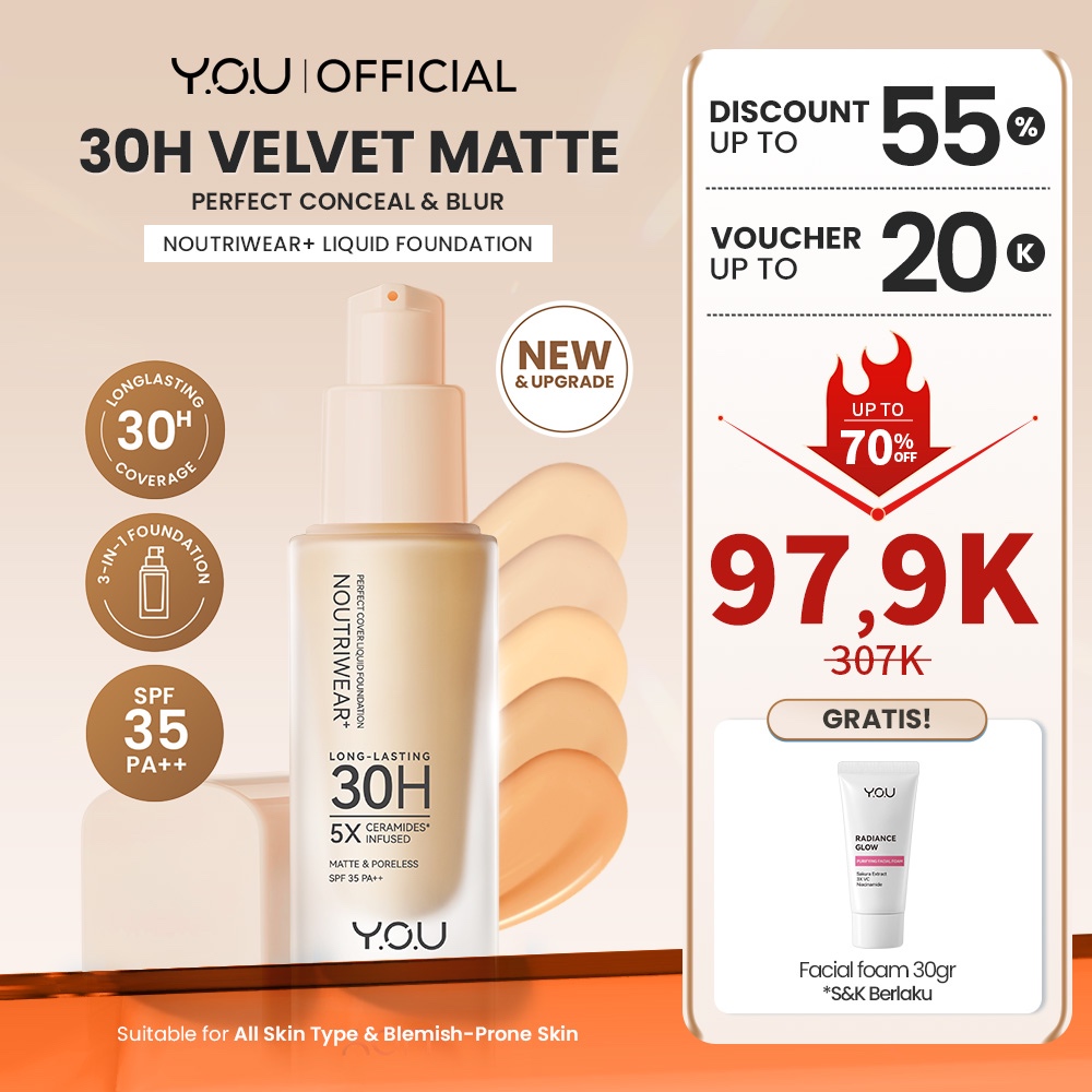 [NEW UPGRADE] YOU NoutriWear+ Perfect Cover Liquid Velvet Liquid Foundation Foundation Dengan Sunscr