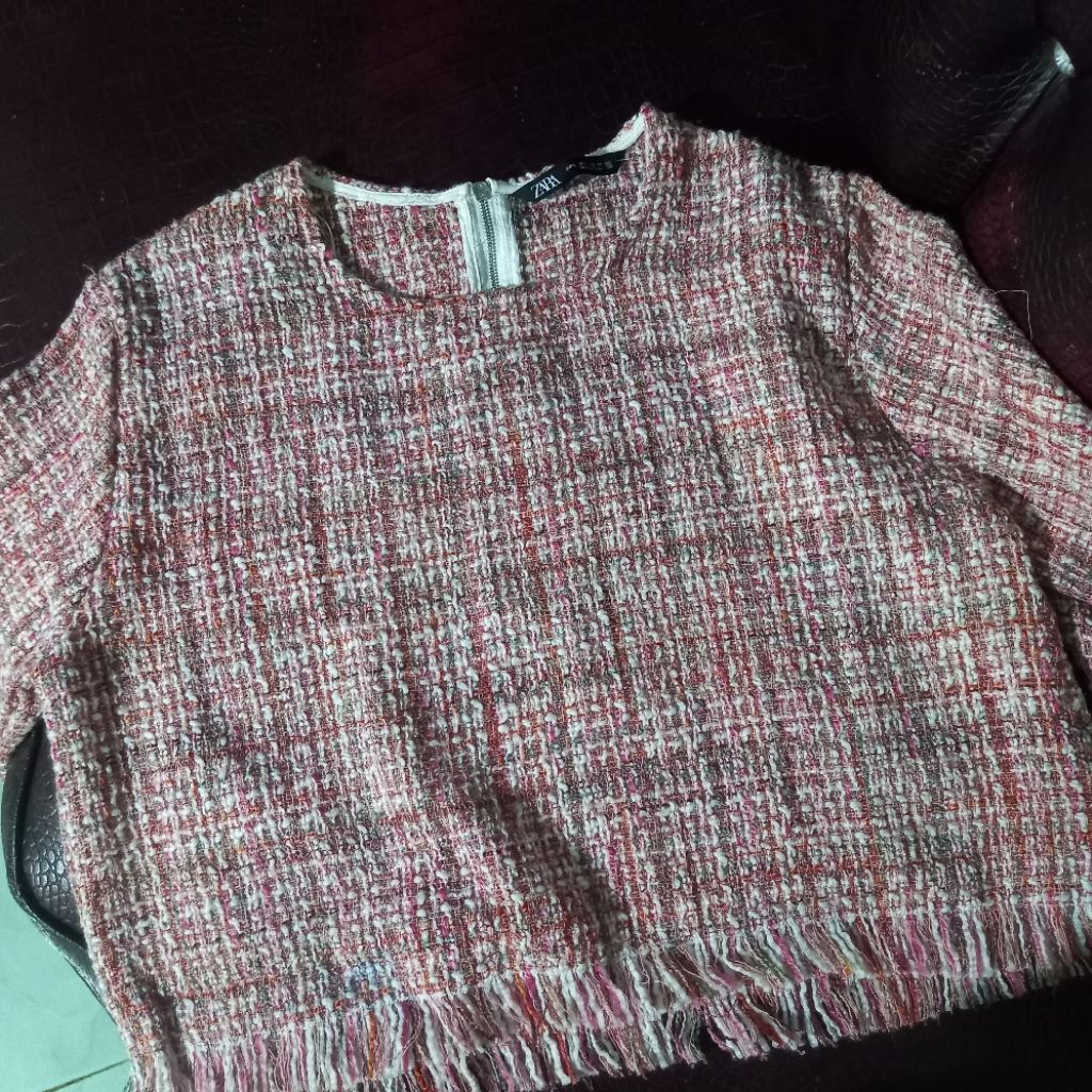 atasan blouse crop oversize tweed brand zara ori rajut koreastyle