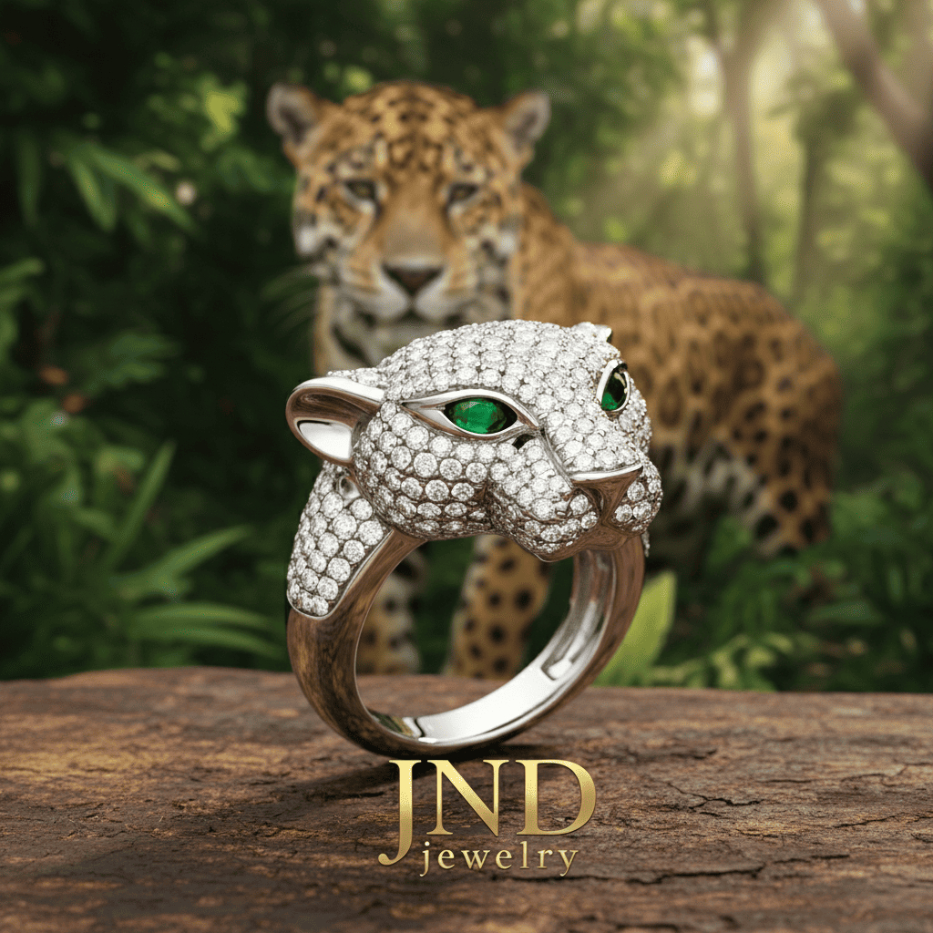 Cincin Jaguar Berlian Mewah White Gold – Mata Zamrud Premium, Elegan & Maskulin – Cincin Fashion Pri