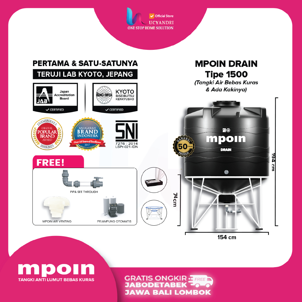 Tangki Air Mpoin 1600 Drain Toren Tandon Tanki 1500 Liter Mpoin Plus