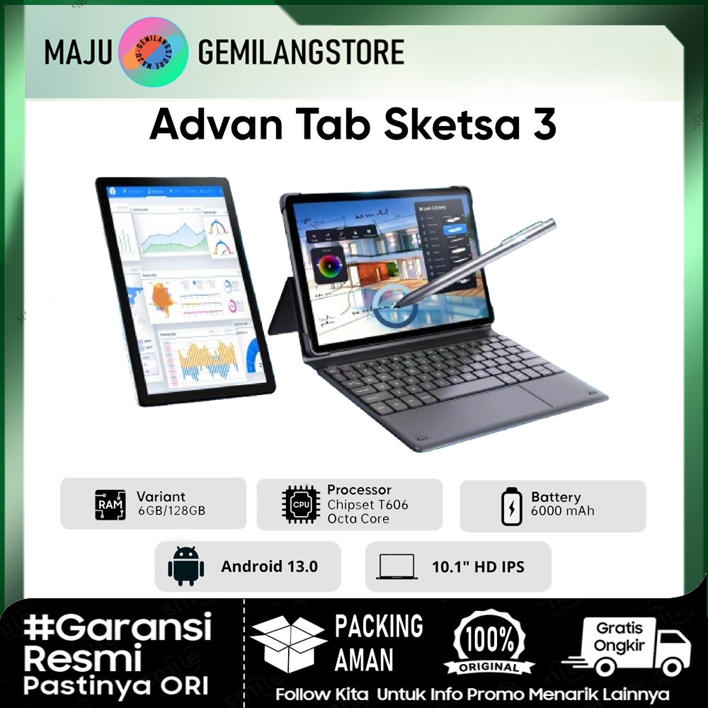 Advan Tablet Sketsa 3 - RAM 6/128GB | Layar 10.1"hd IPS, TAB10 inch - Support PEN & Keyboard - Ram 6