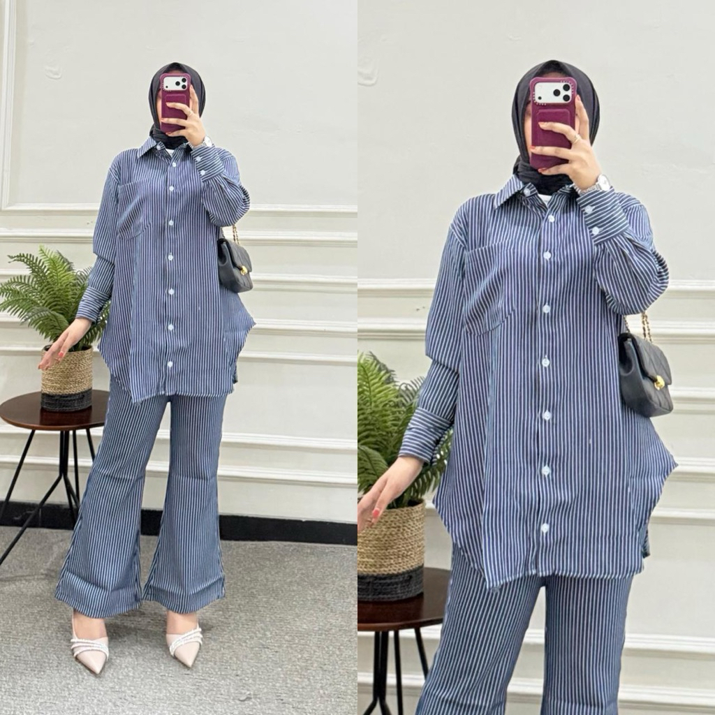 setelan celana tunik salur wanita jumbo // Oneset tunik premium kekinian