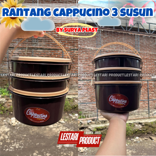 [3 pcs] Rantang Plastik Capuccino 3 Susun 3 Liter 4 Sekat bagian atasnya | Wadah Hajatan | rantang B
