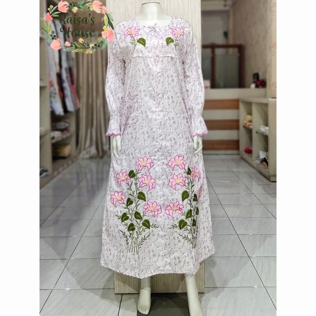 DASTER LONGDRESS BORDIR KHAS MALANG - LENGAN PANJANG I BUNGA BUNGA - PINK