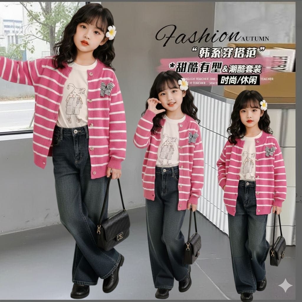 ER-479 SETELAN BAJU PANJANG 3IN1 ANAK PEREMPUAN IMPORT USIA 6-9 TAHUN SETELAN BAJU ATASAN LENGAN PAN