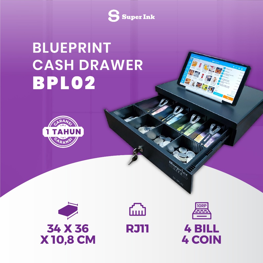 Blueprint BPL02 Cash Drawer Kecil RJ11 Otomatis Laci Uang Kasir 3 Posisi Kunci Manual