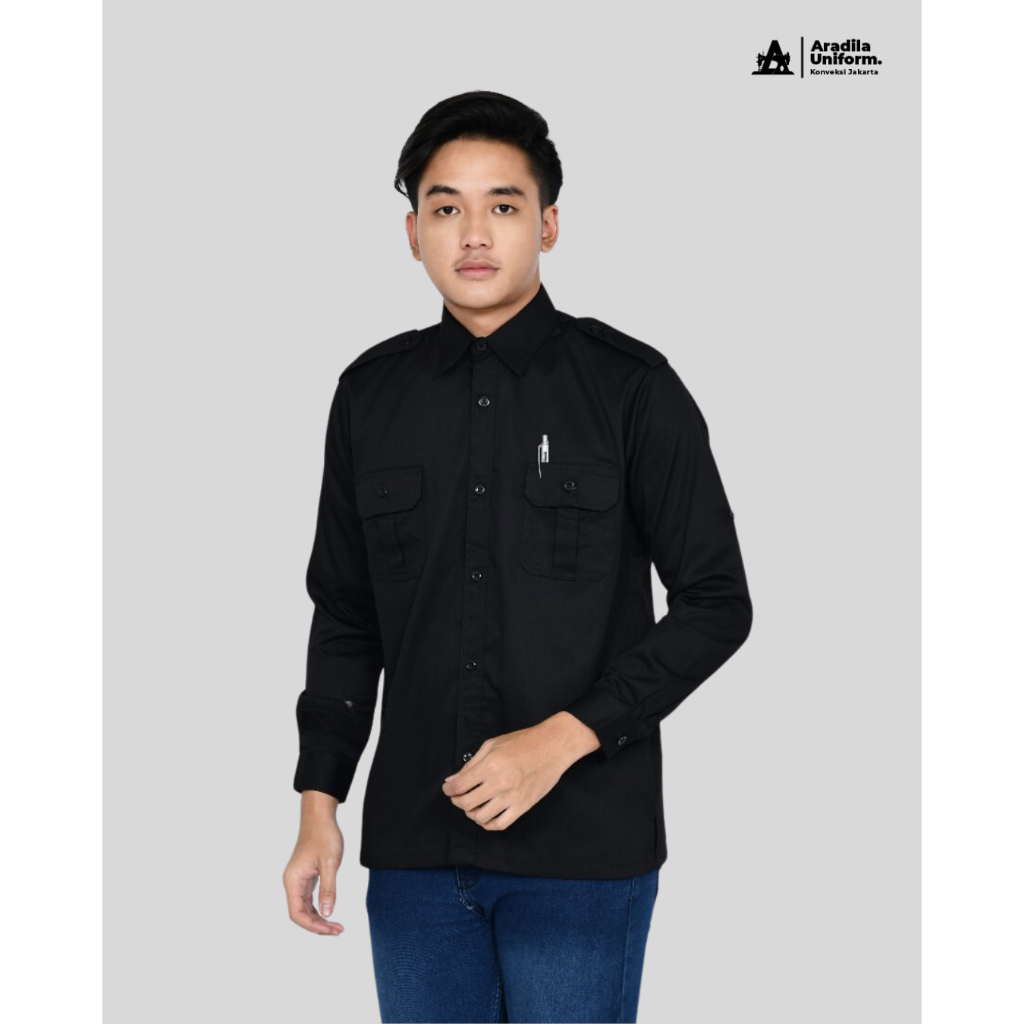 ARADILAUNIFORM Seragam PDL Hitam Pria Lengan Panjang/Baju Dinas ASN PDL/Kemeja Kantor PDL/PDL Custom