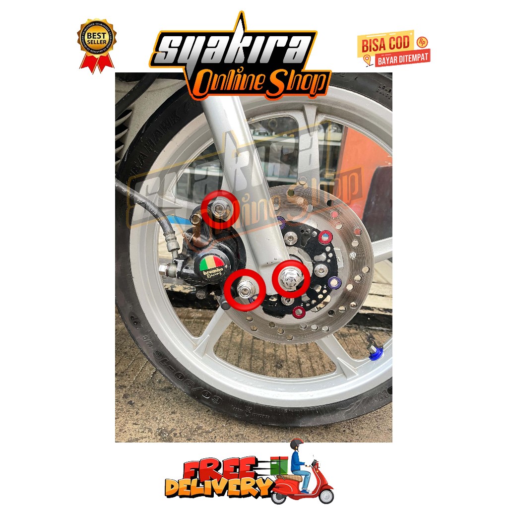 BAUT BREKET + AS RODA KALIPER DEPAN ( 3 BAUT ) MIO SMILE SPORTY SOUL FINO KARBU TAHUN 2003 - 2011 OL