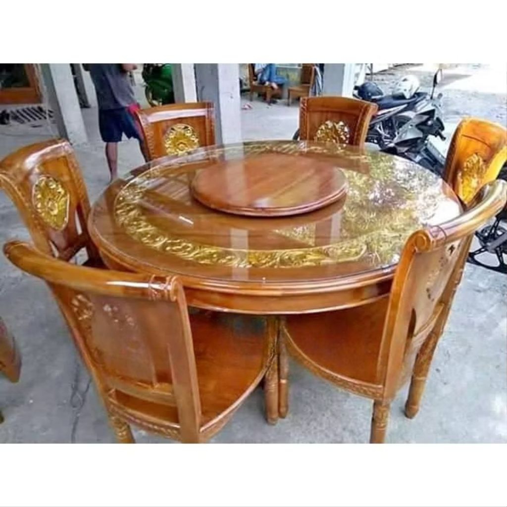 meja makan bundar kursi 6 kayu jati/meja makan ukir kayu jati