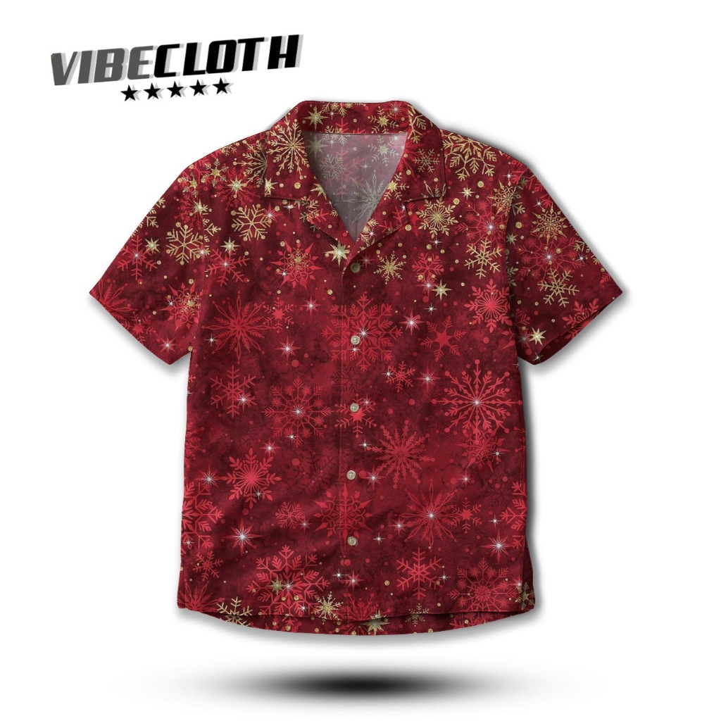 VIBECLOTH Kemeja Pria / Unisex Full Print Motif Salju Emas Merah Kemeja Natal Series Nuansa Natal Me