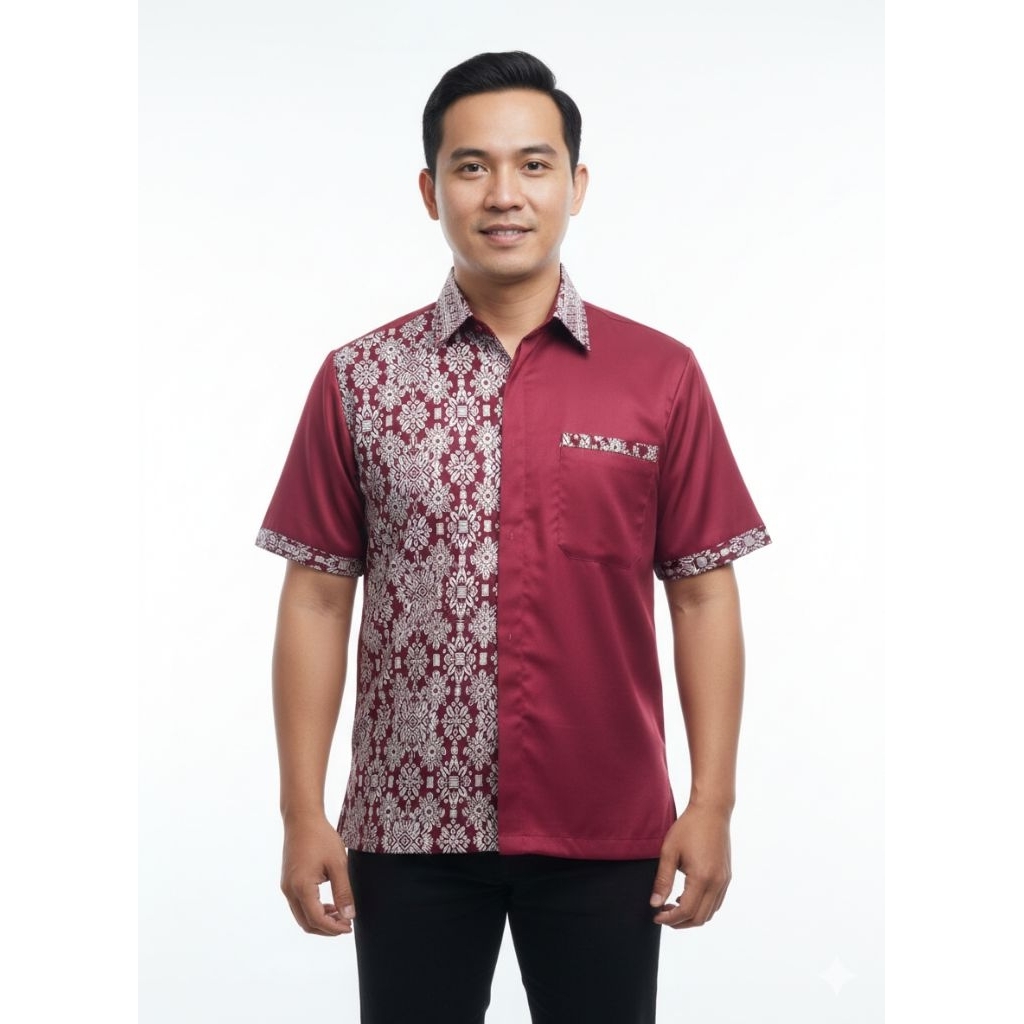 HEM PRIA DEWASA MAROON || HEM ANAK USIA 1-10 WARNA MAROON KOMBINASI BATIK SILVER
