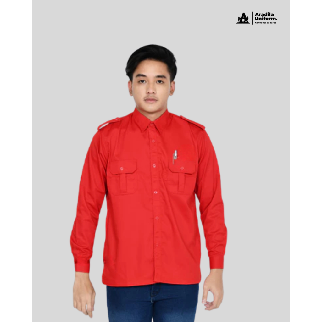 ARADILAUNIFORM Seragam PDL Merah Cabe Pria Lengan Panjang/Baju Dinas ASN PDL/Kemeja Kantor PDL/PDL C