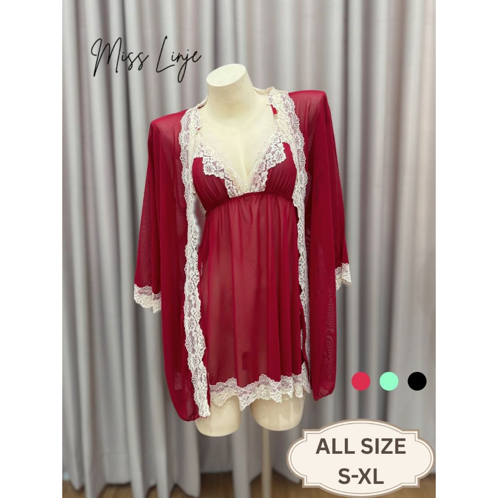 MISS LINJE Setelan Baju Tidur Outer Kimono dan Dress Renda Muat Sampai Big Size Sleepwear Wanita Pre