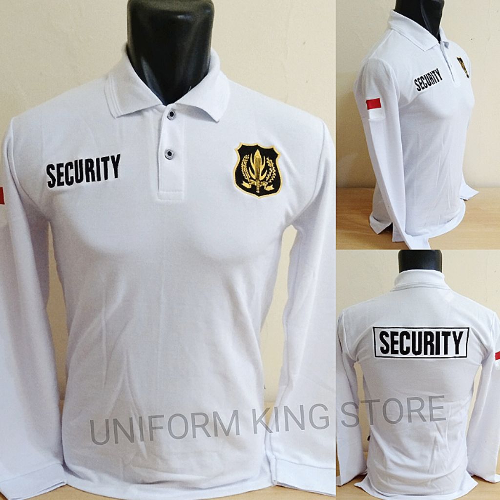 KAOS SECURITY PUTIH LOGO KUNING LENGAN PANJANG BORDIR - KAOS KERAH SECURITY PUTIH LOGO KUNING BORDIR