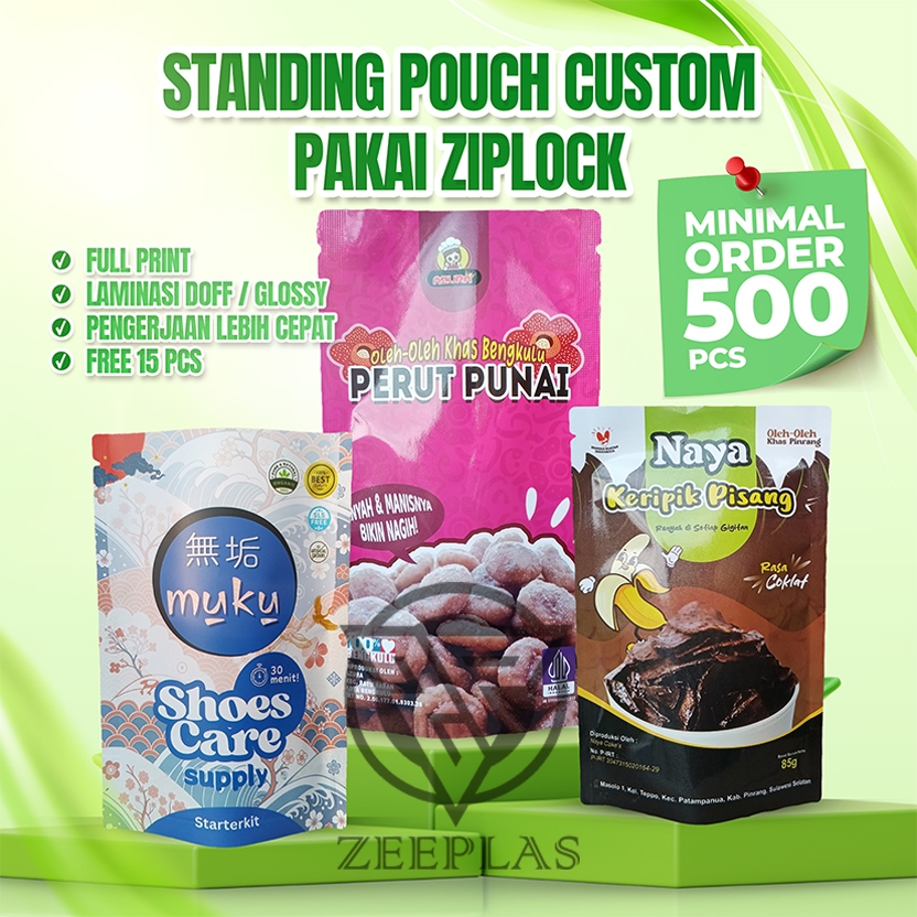 STANDING POUCH CUSTOM PAKAI ZIPLOCK/ZIPPER 500 PCS CETAK KEMASAN MAKANAN FULL PRINTING PLASTIK KOPI