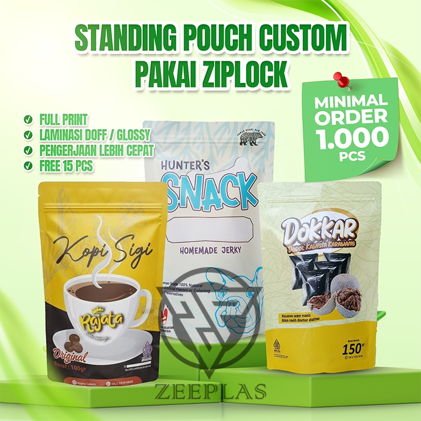 STANDING POUCH CUSTOM PAKAI ZIPLOCK/ZIPPER 1.000 PCS CETAK KEMASAN MAKANAN FULL PRINTING PLASTIK KOP