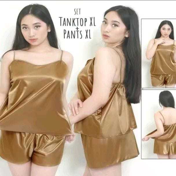 Lingerie Satin Tanktop Celana Stelan Baju Tidur Wanita Polos Terlaris Nyaman Size M L XL jumbo Setel