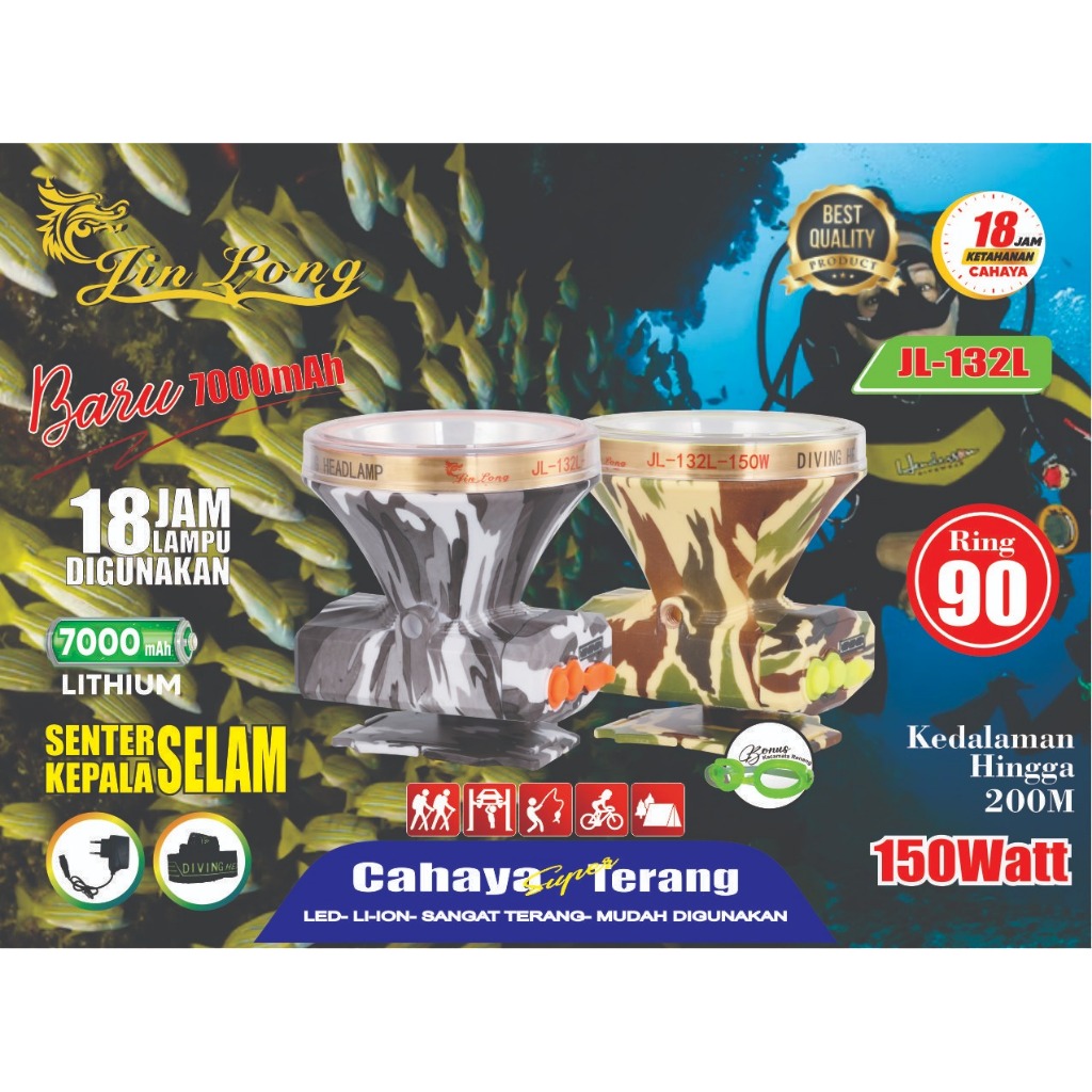 Senter Kepala Menyelam Jinlong 150W RING 90 Loreng JL-132L tahan hinga pemakain 18 jam cahaya putih 