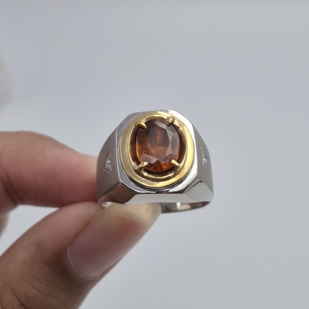 Cincin perak batu Natural Spessartite Garnet, ukuran jari bisa disesuaikan (freesize), natural spess