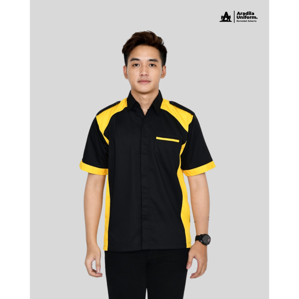 ARADILAUNIFORM Seragam Kerja Kombinasi Hitam Kuning Tangan Pendek Murah/Kemeja Tambah Bordir/Pakaian