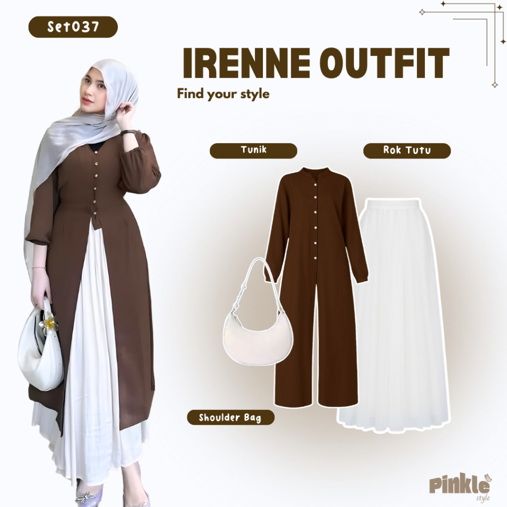 One Set Irenne { Tunik + Rok Tutu + Shoulder Bag } Set Wanita Muslim Kekinian Trending.